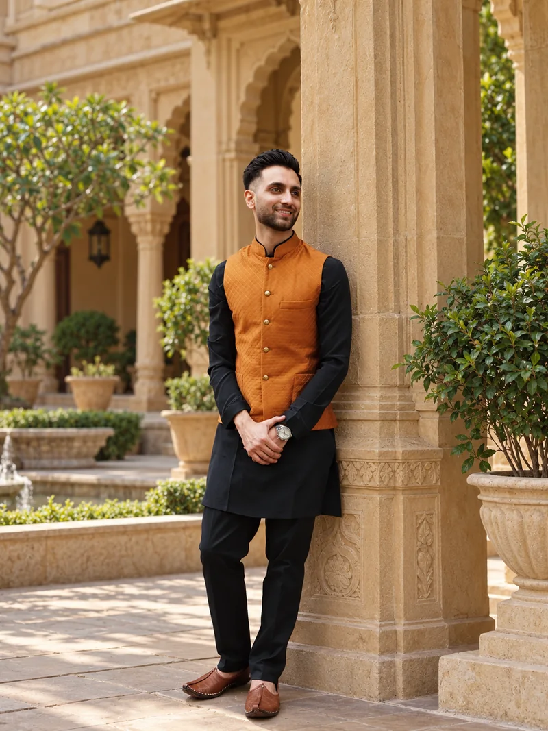 Rust quilted bandi over a black kurta, photographed in South Mumbai