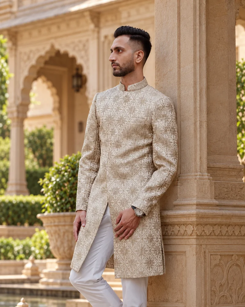 Ivory sherwani in patterned cloth, photographed in South Mumbai