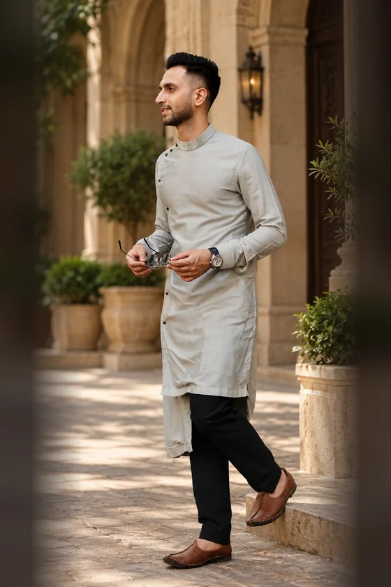 The dove grey kurta set with a band collar, worn with black trousers