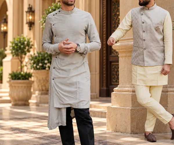 At the function: Dove grey beside cream · two kurta sets, one measure each.
