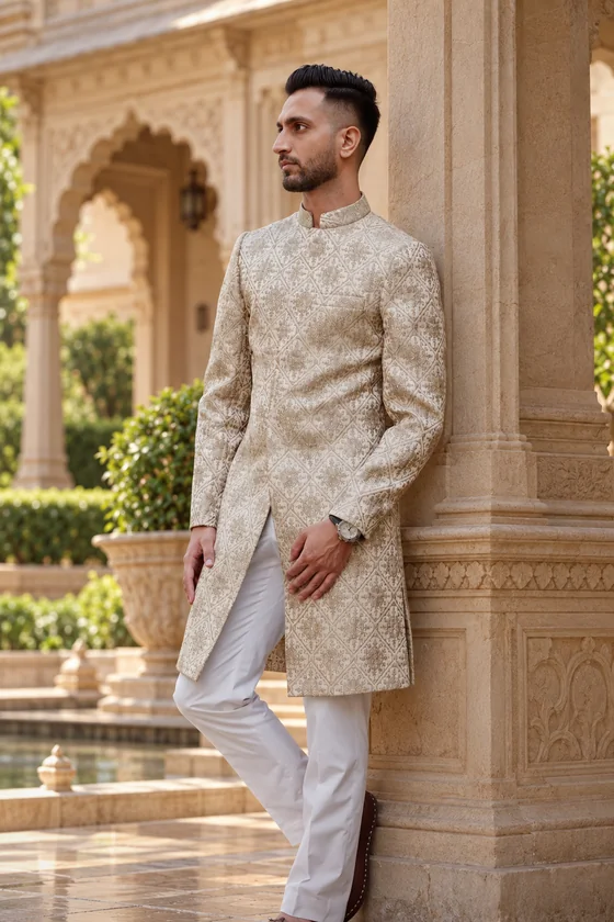 The ivory sherwani with thread embroidery, worn with white churidars