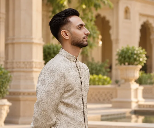 In profile: The same sherwani, from the side · the line from shoulder to knee.
