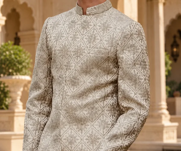The embroidery: Thread work on ivory · band collar, closed to the neck.