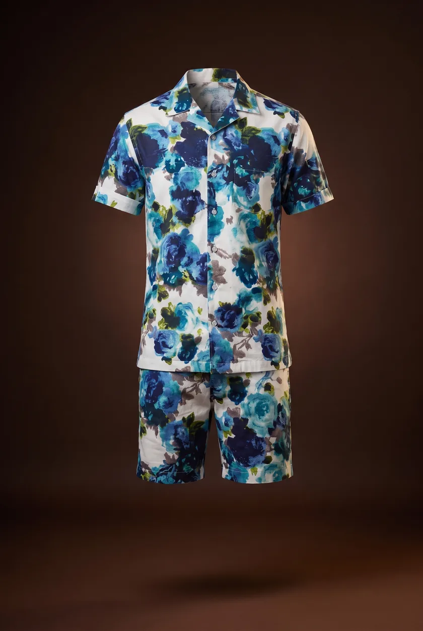 Aloha Co-ord, blue floral, camp collar, matching shorts
