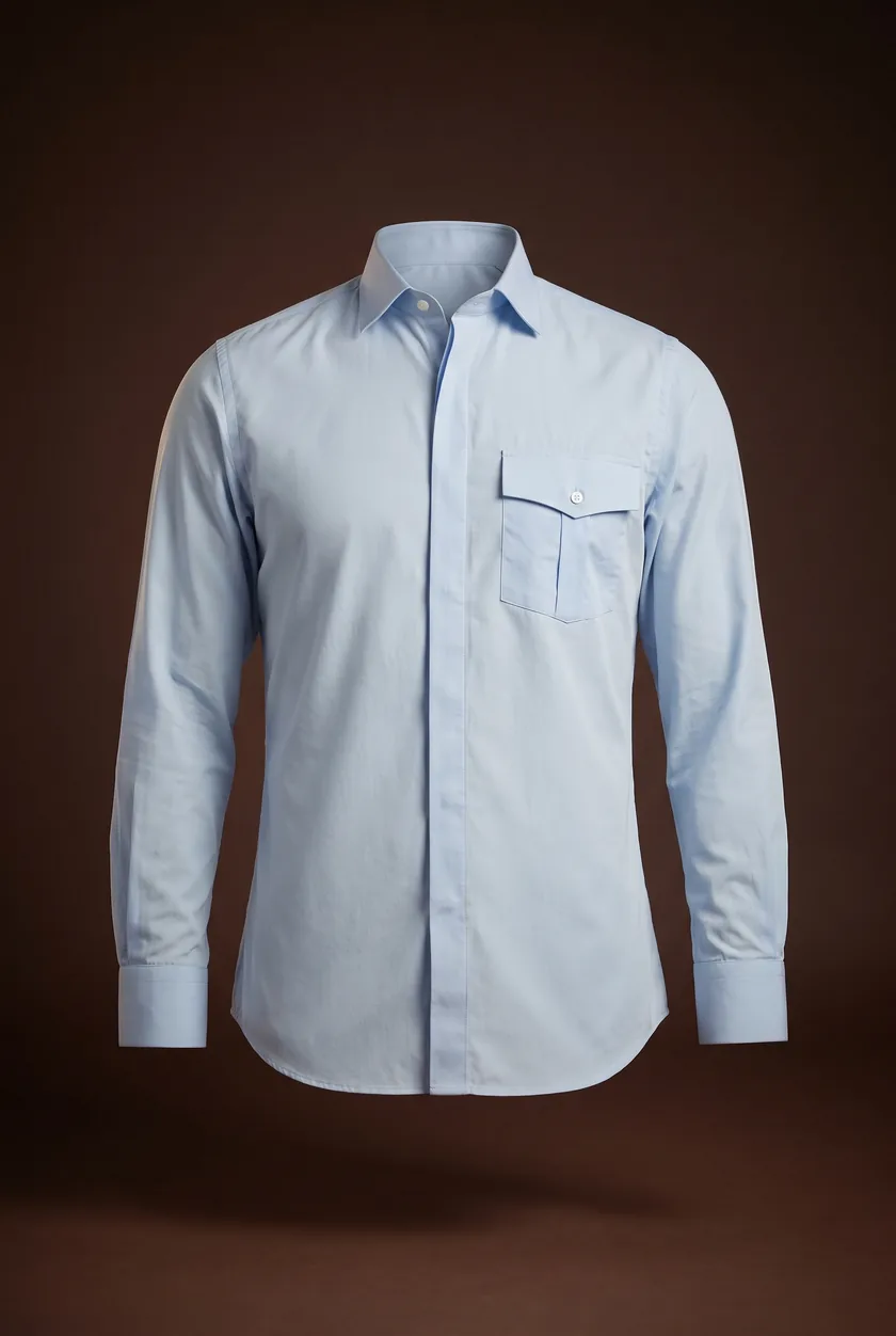 Capri Shirt, sky blue, spread collar, hidden placket, flap chest pocket