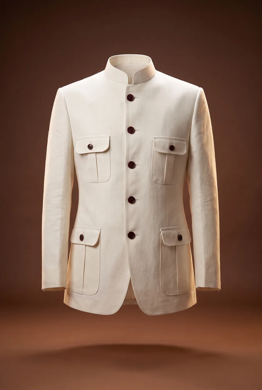 Captain Jodhpuri, off-white linen, band collar, four flap pockets