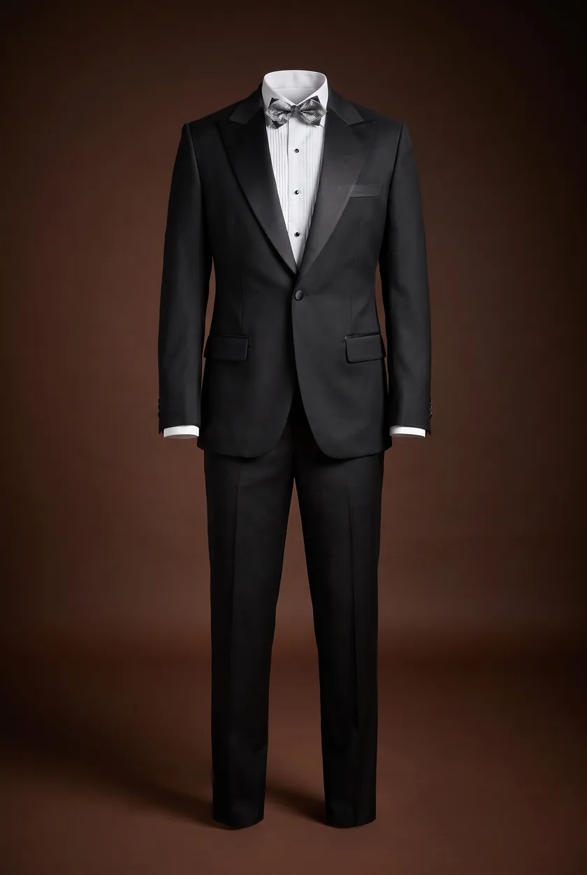 Dapper Tuxedo, black, satin peak lapel, flap pockets, covered buttons