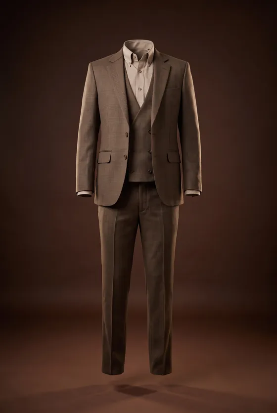 Havana Suit, brown prince of wales check, notch lapel, double-breasted waistcoat