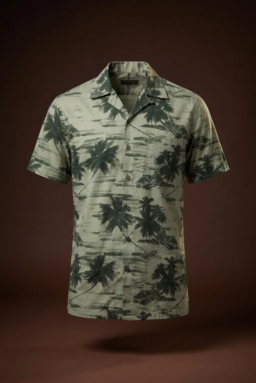 Hawaii Shirt, green palm print, camp collar, short sleeves