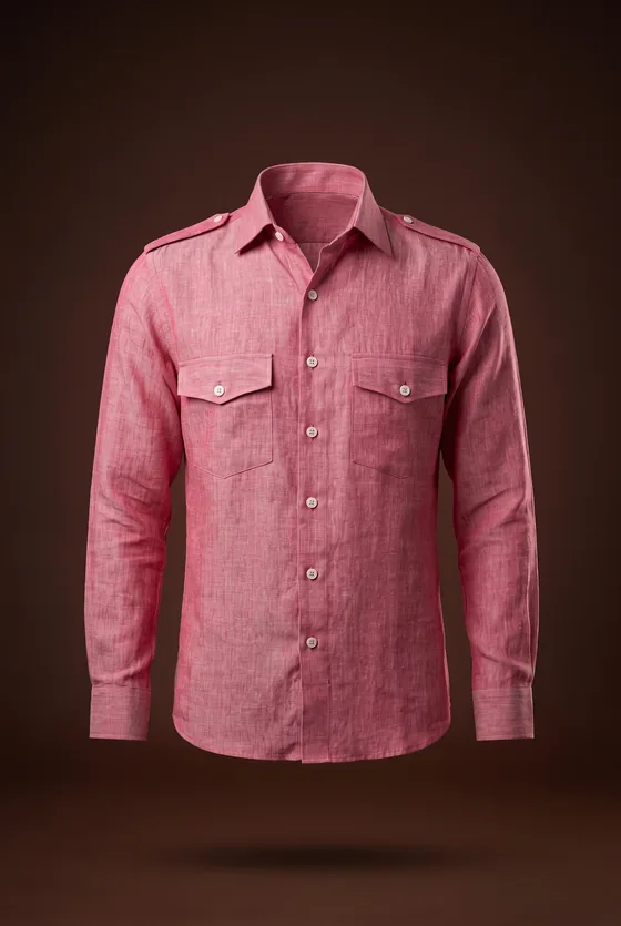 Hudson Shirt, red chambray, flap chest pockets, epaulettes