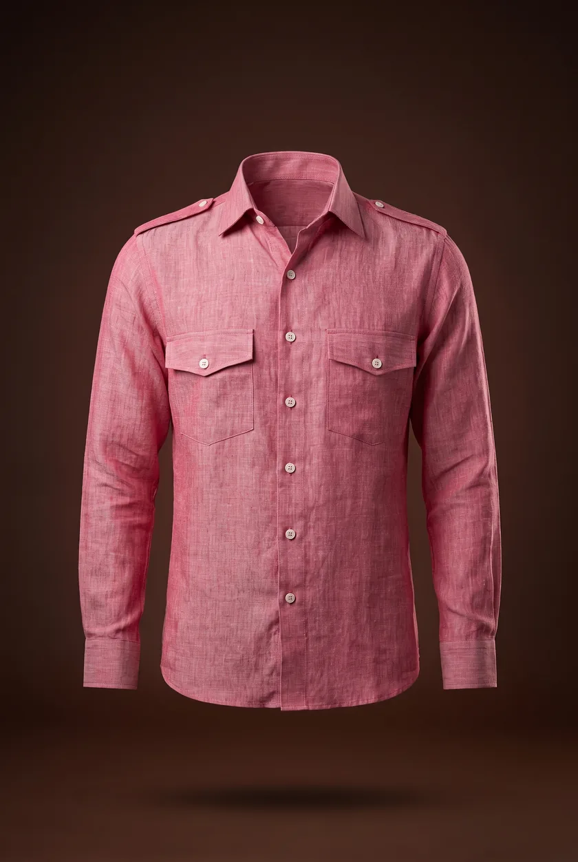 Hudson Shirt, red chambray, flap chest pockets, epaulettes