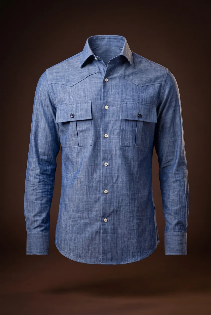 James Dean Shirt, blue chambray, western yoke, flap pockets