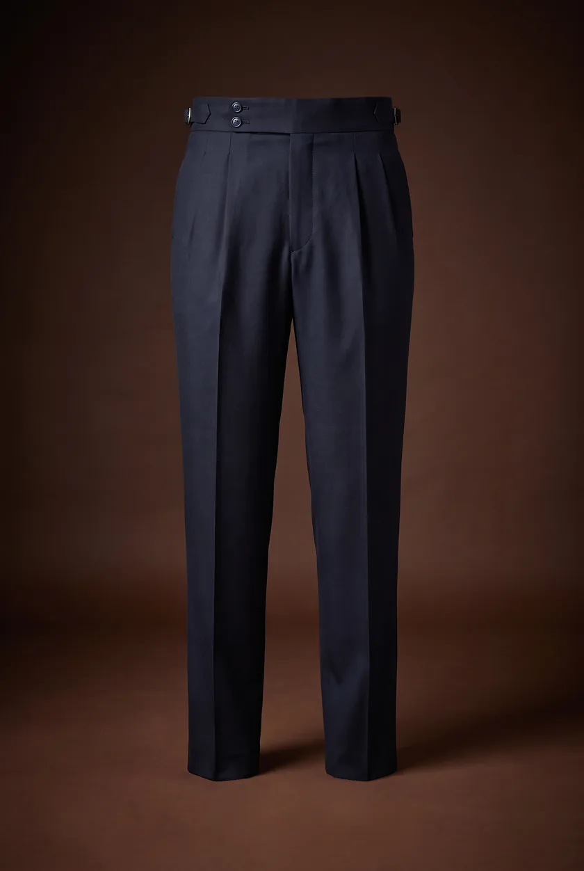 Mayfair Trouser, navy, two pleats, side buckles, two-button waistband
