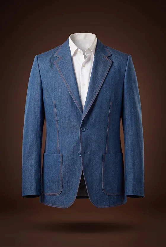Memphis Jacket, blue denim, notch lapel, patch pockets, red contrast stitching