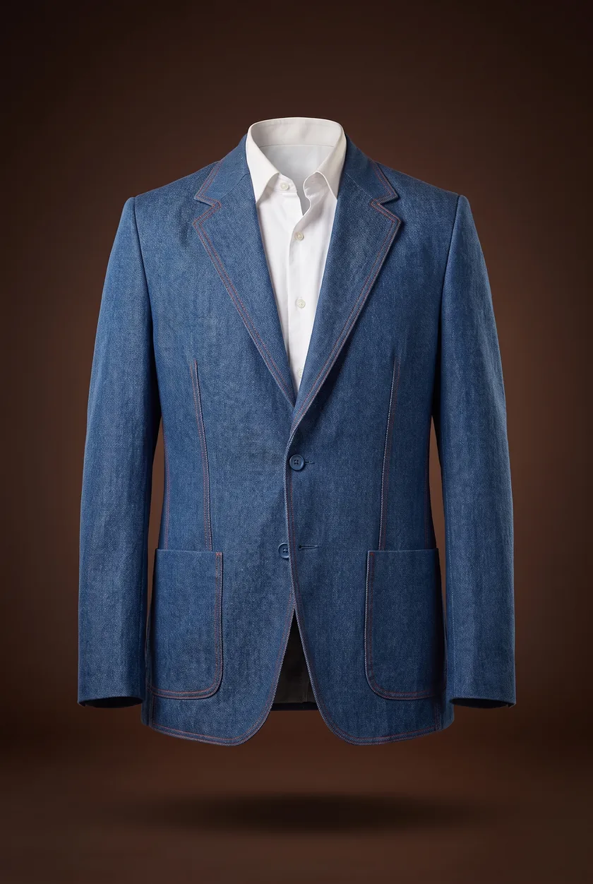 Memphis Jacket, blue denim, notch lapel, patch pockets, red contrast stitching