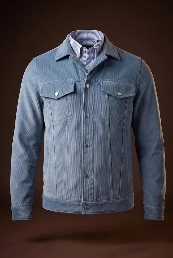 Montana Jacket, blue corduroy, point collar, flap chest pockets