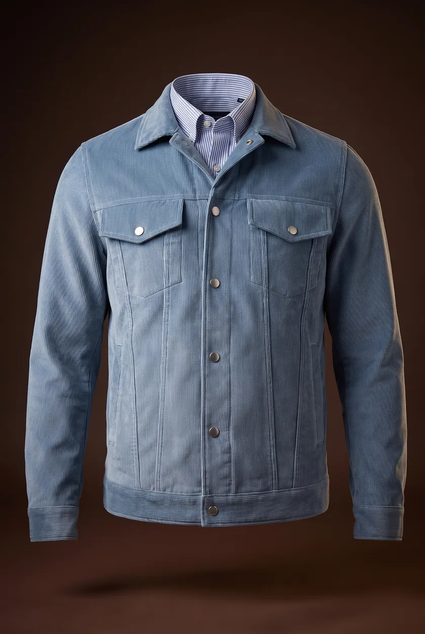 Montana Jacket, blue corduroy, point collar, flap chest pockets