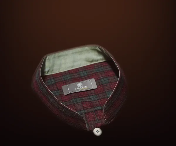 Normandy Shirt: Band collar · in maroon check.