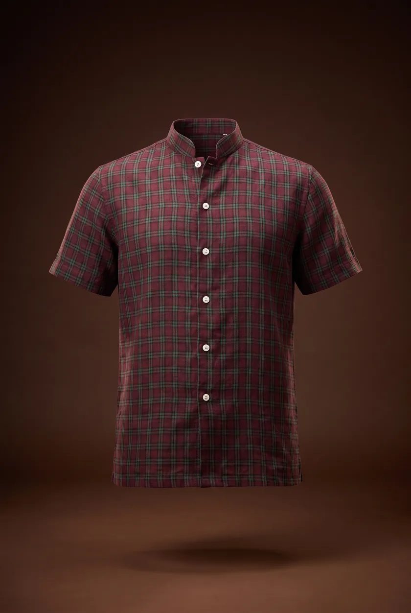 Normandy Shirt, maroon check, band collar, short sleeves