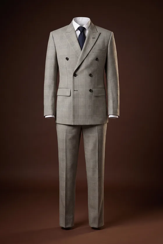 Prince Charles Suit, grey glen check, double-breasted, peak lapel