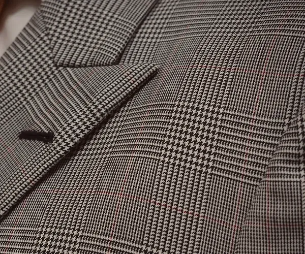 Prince Charles Suit: Peak lapel with a buttonhole · in grey check.