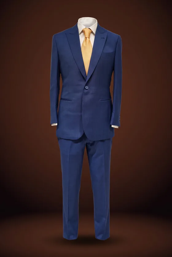 Swanky Suit, medium blue, one button, peak lapel, jetted pockets