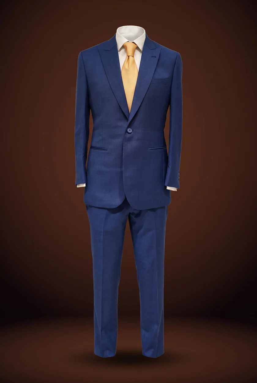 Swanky Suit, medium blue, one button, peak lapel, jetted pockets