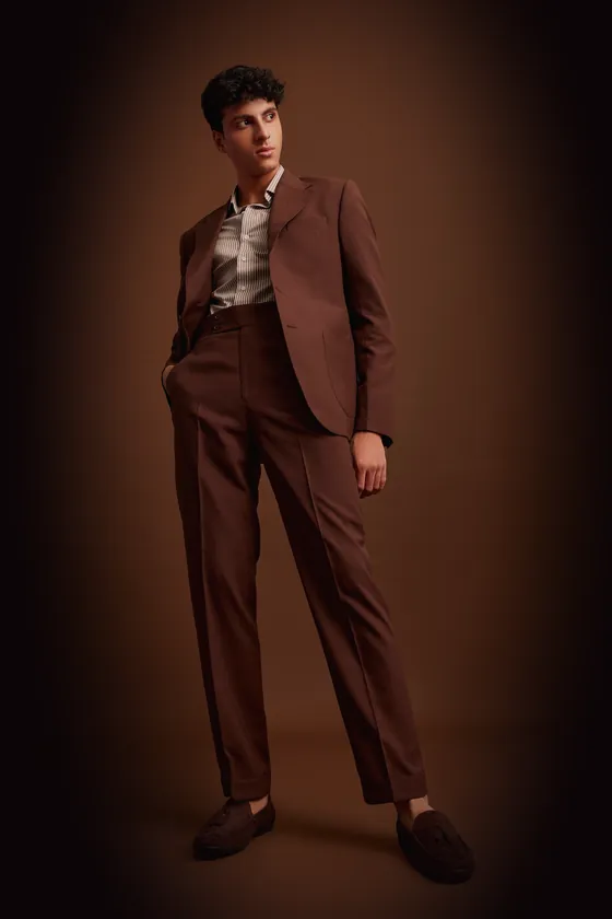The chocolate single-breasted two-piece, worn, full length