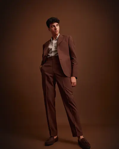 The chocolate two-piece, worn