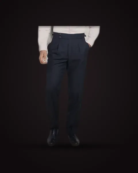 Pleated trousers with side adjusters, in navy