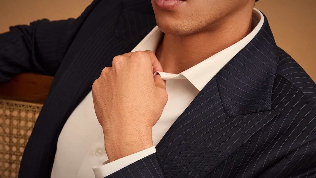 Navy pinstripe · collar and cuff